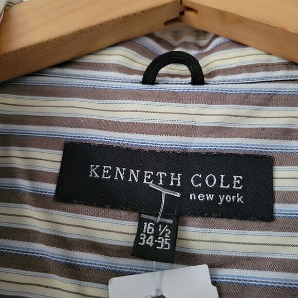 Kenneth Cole New York Button Down Shirt Striped Blue Brown 16.5 - Picture 2 of 6